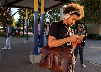 SF State student on their phone while waiting a bus stop.