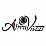 AltruVstas lettering with colorful spiral circle inside the V